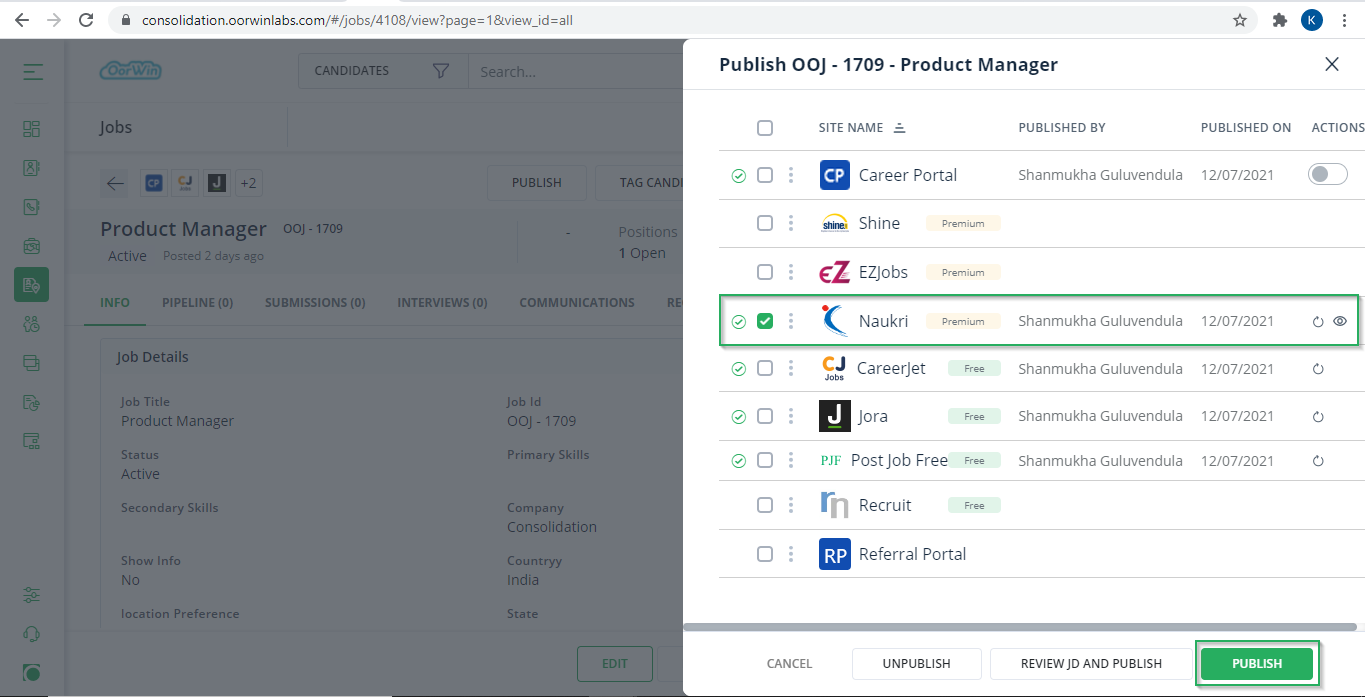 Jobs Publish - Oorwin ATS Integration with Naukri - Oorwin