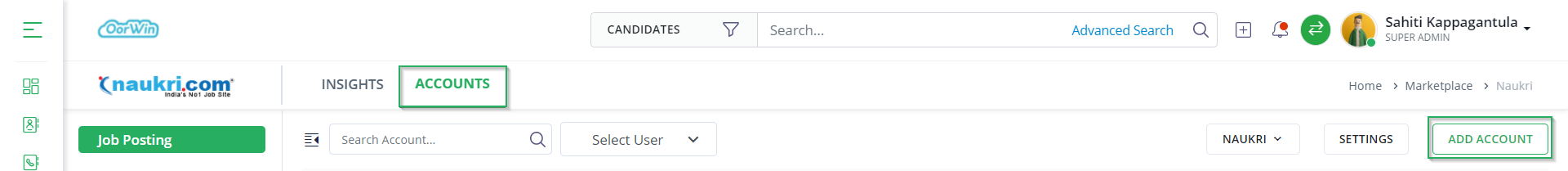 Add Account - Oorwin ATS Integration with Naukri - Oorwin
