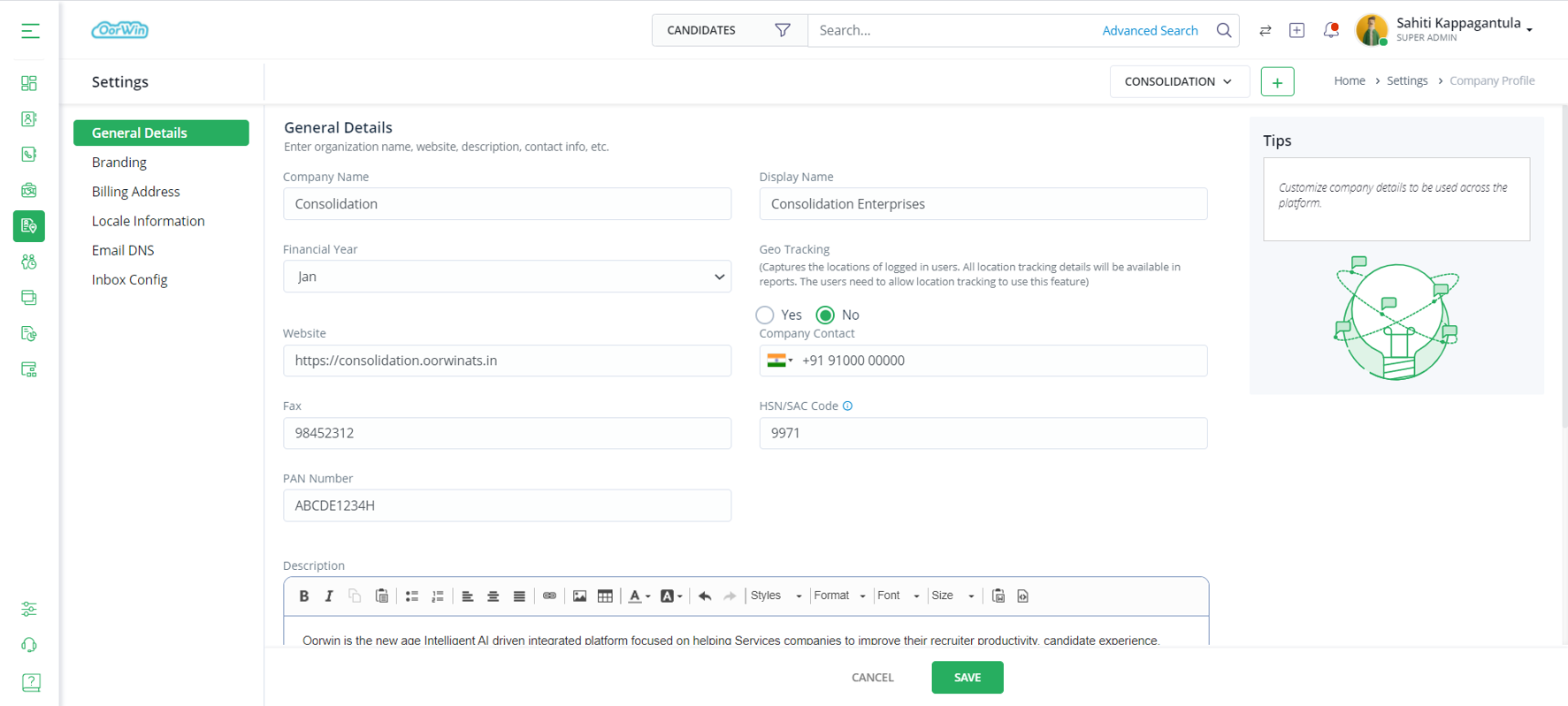 General Details - Configure Company Details - Oorwin