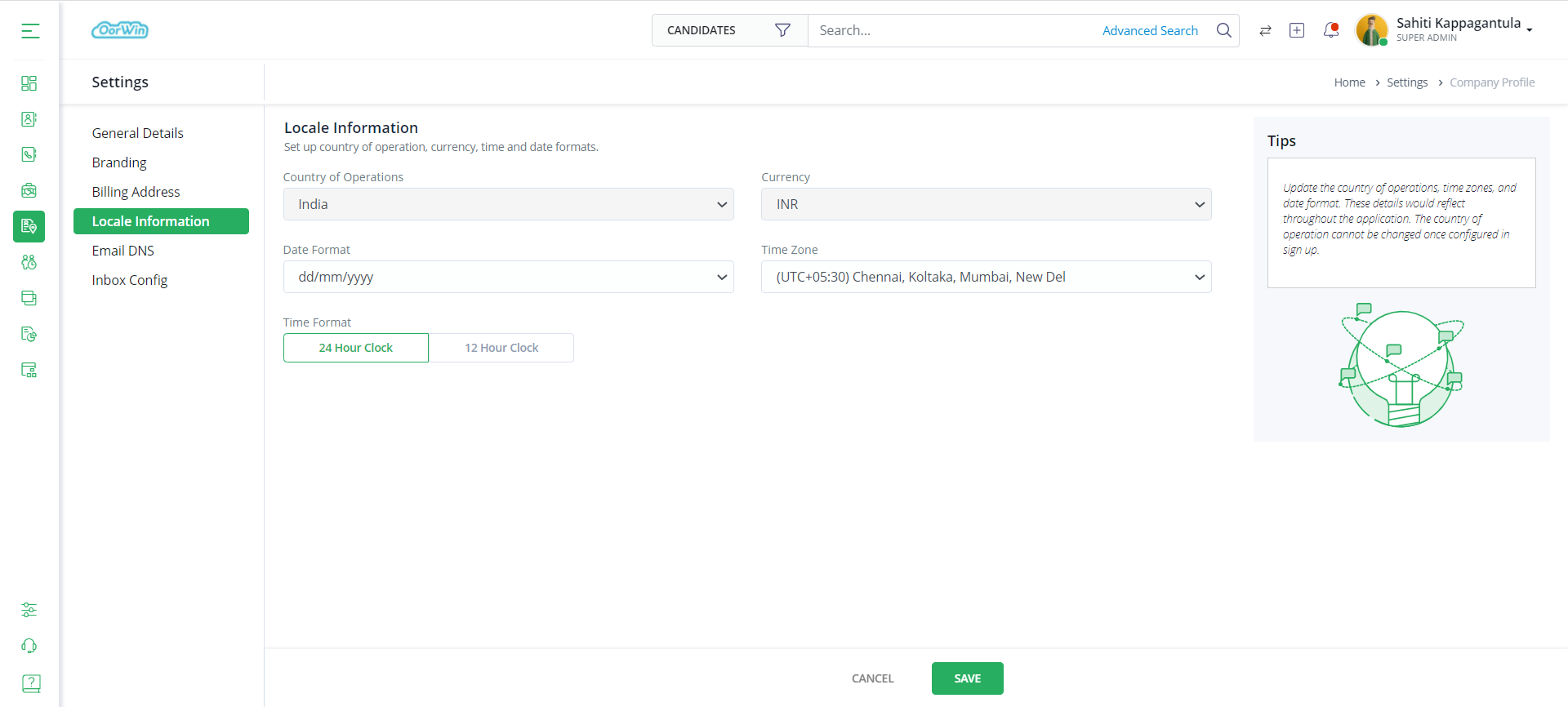 Locale Information - Configure Company Details - Oorwin