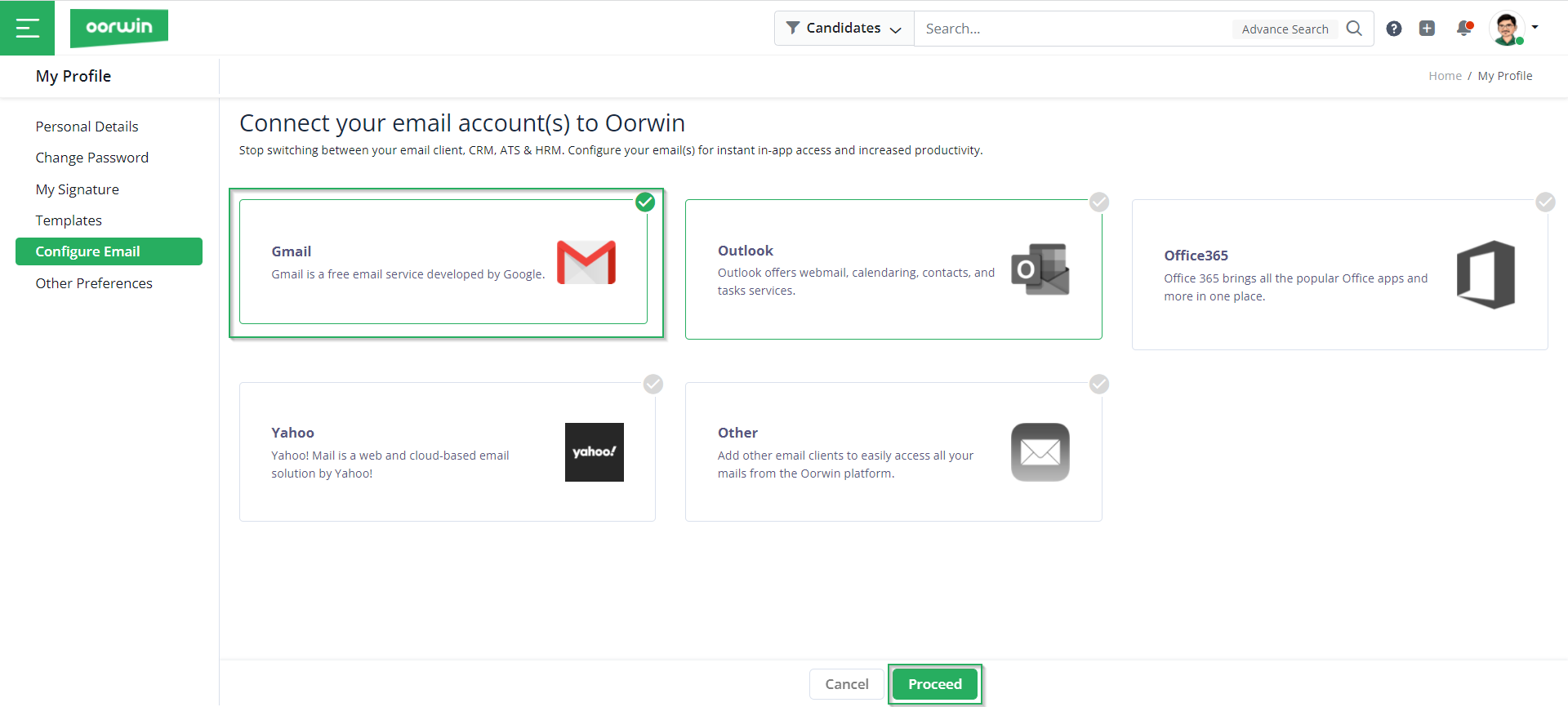 Choose Email Provider - Configure Personal Details - Oorwin
