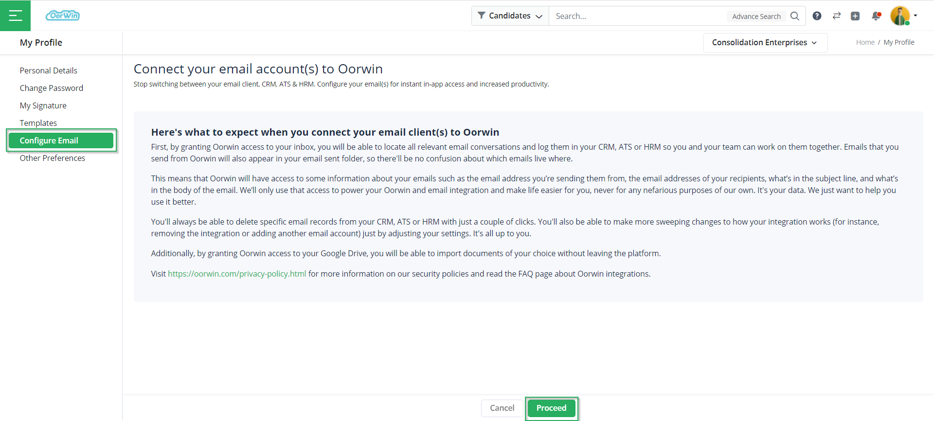 Connect Oorwin Account - Configure Personal Details - Oorwin