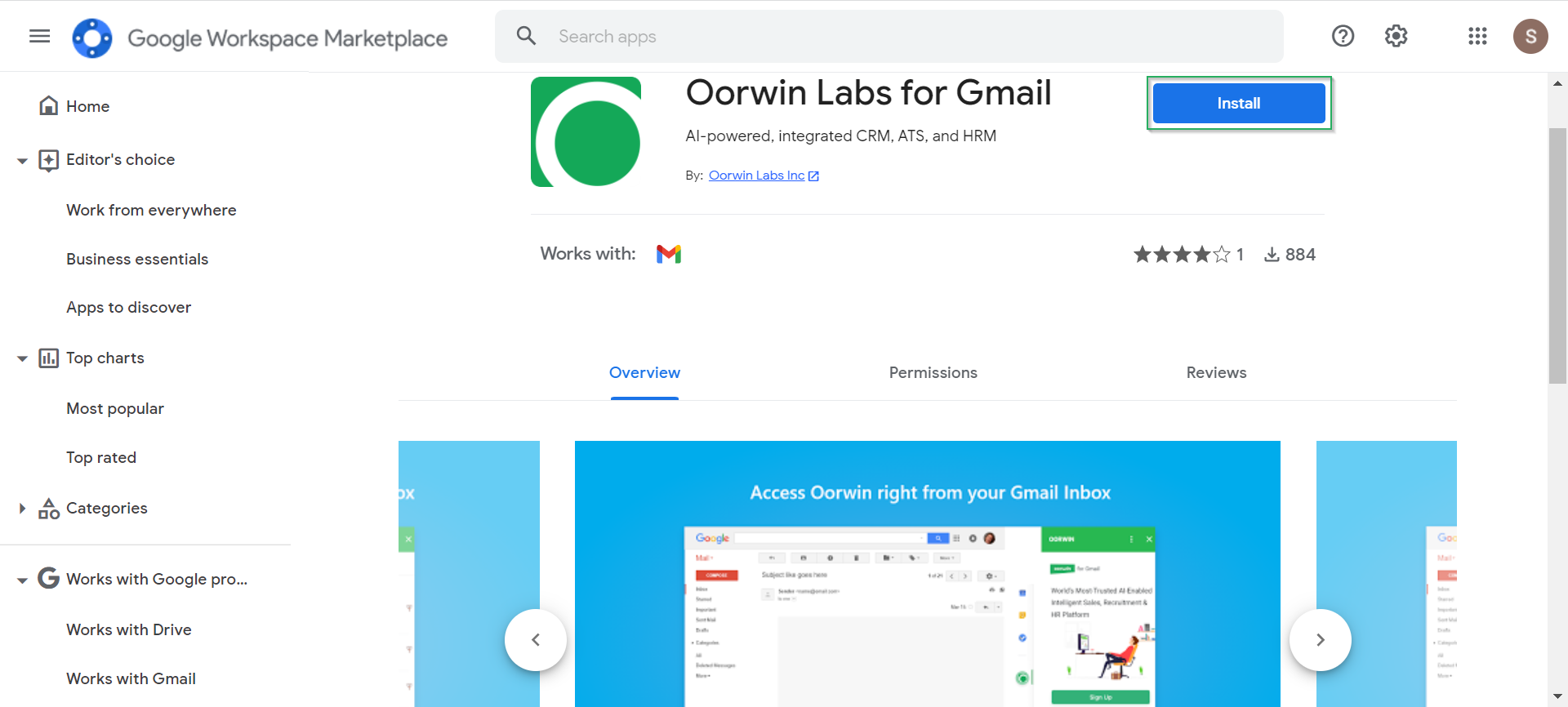 Click on Install - Install Gmail Plugin - Oorwin
