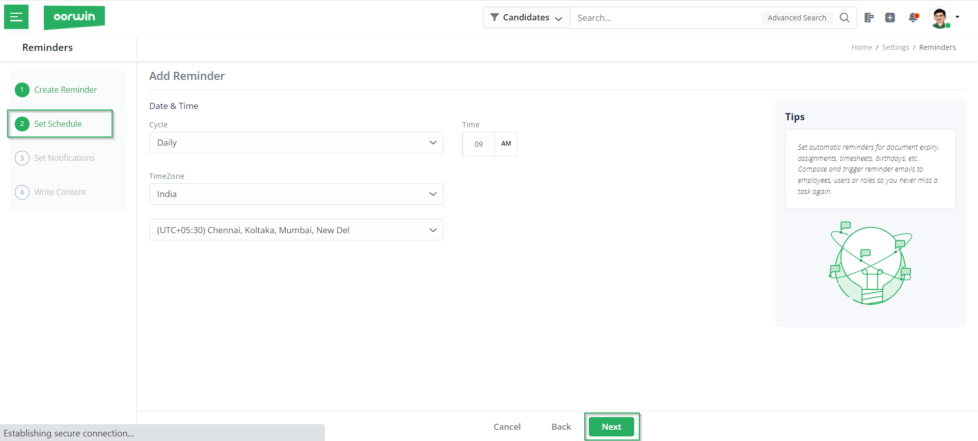 Set Schedule - Create Reminders - Oorwin