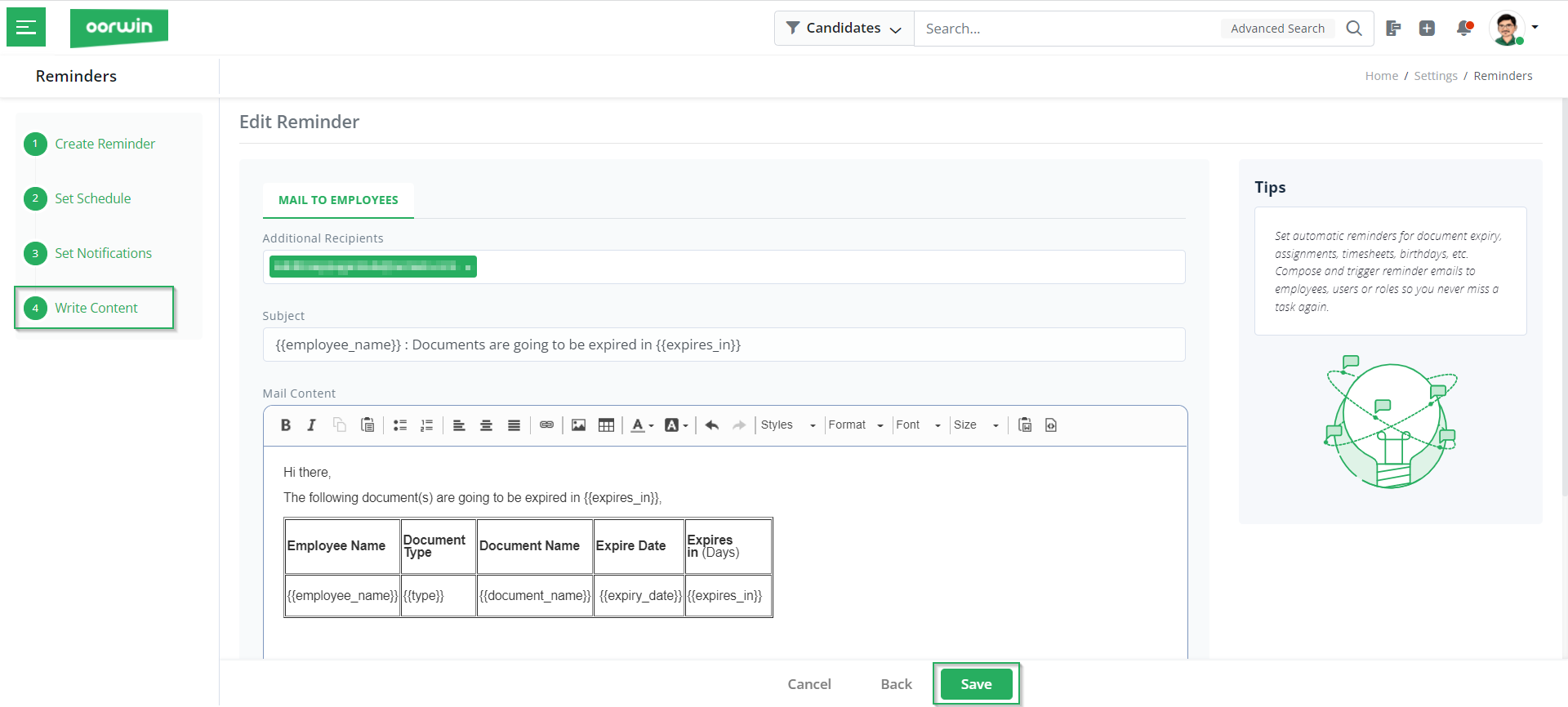 Write Content - Create Reminders - Oorwin